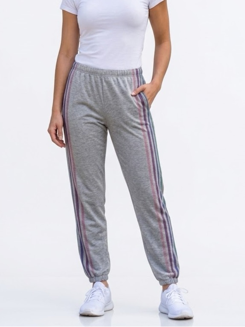 NWOT Chaser Gray Drawstring Waistband Rainbow Striped Sweatpants Small